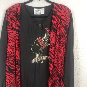 Vintage Nubianqueen Top Women 2X Plus Size Red Black Egyptian Tribal Art to Wear